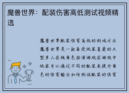 魔兽世界：配装伤害高低测试视频精选